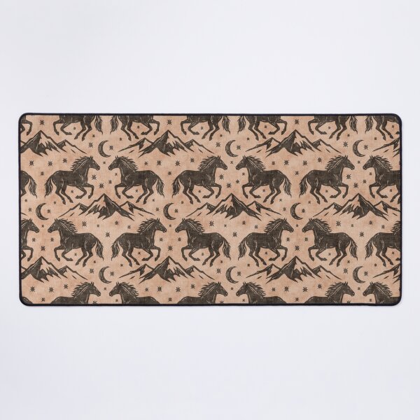Item preview, Western Wild Horses with mountains moon and stars in Brown on Peachy Beige designed and sold by EliveraDesigns.