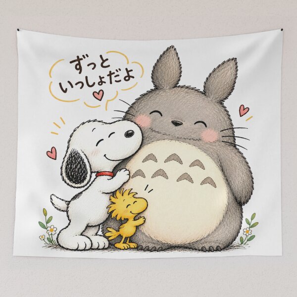 Item preview, Snoopy, Woodstock & Totoro Hug designed and sold by COFFEEWITHARTS.