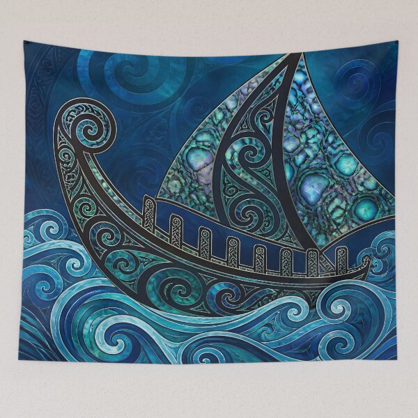 Item preview, Maori Koru Waka Canoe Ocean Waves Blue Paua Shell Print designed and sold by GrinGalore.