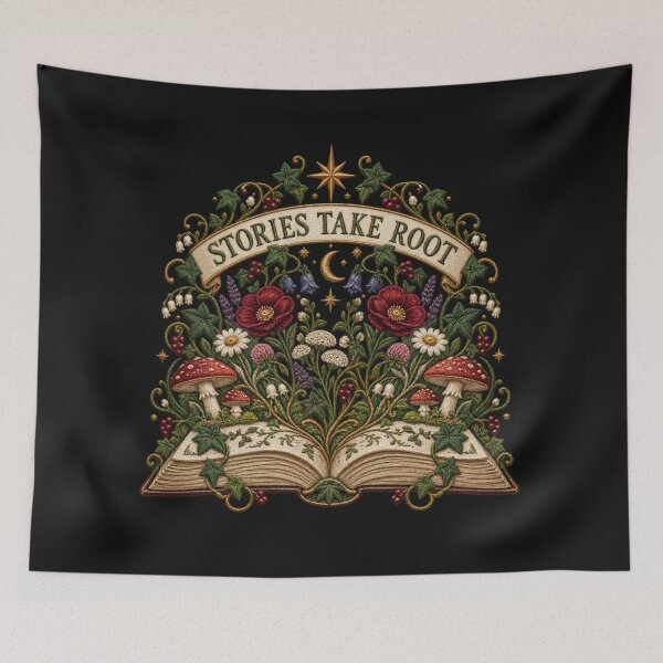 Item preview, Book Lover Botanical Design – Stories Take Root Cottagecore Embroidered Art designed and sold by Emoji Emblems.