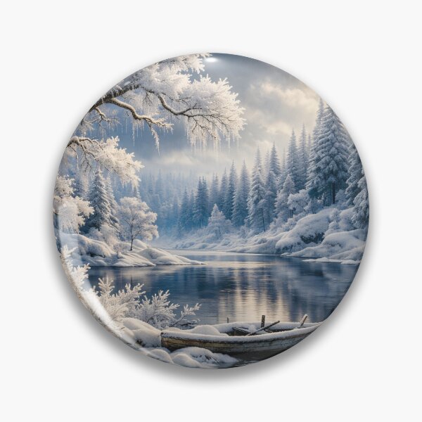 Item preview, Snowy Winter River with Wooden Boat – Peaceful Frozen Forest Landscape Art Print designed and sold by Kaleidoscope Print.