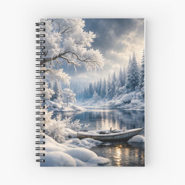 Item preview, Snowy Winter River with Wooden Boat – Peaceful Frozen Forest Landscape Art Print designed and sold by Kaleidoscope Print.
