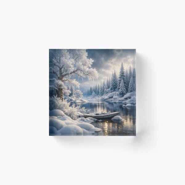 Item preview, Snowy Winter River with Wooden Boat – Peaceful Frozen Forest Landscape Art Print designed and sold by Kaleidoscope Print.