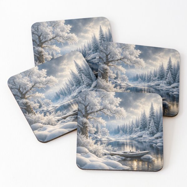 Item preview, Snowy Winter River with Wooden Boat – Peaceful Frozen Forest Landscape Art Print designed and sold by Kaleidoscope Print.
