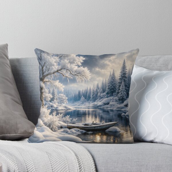 Item preview, Snowy Winter River with Wooden Boat – Peaceful Frozen Forest Landscape Art Print designed and sold by Kaleidoscope Print.