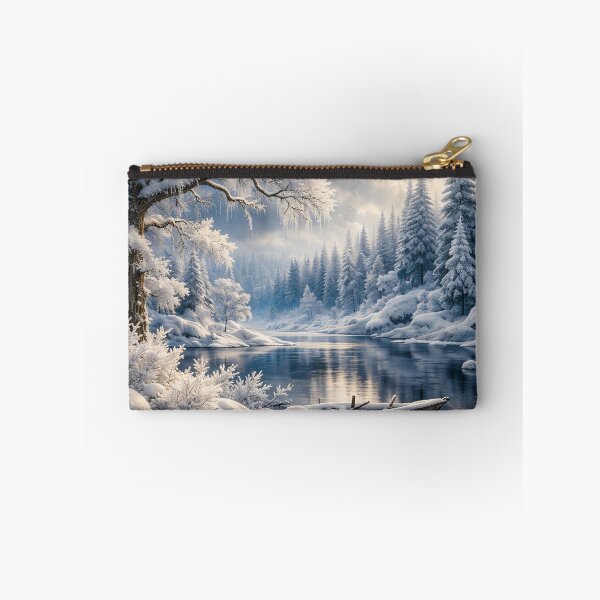 Item preview, Snowy Winter River with Wooden Boat – Peaceful Frozen Forest Landscape Art Print designed and sold by Kaleidoscope Print.