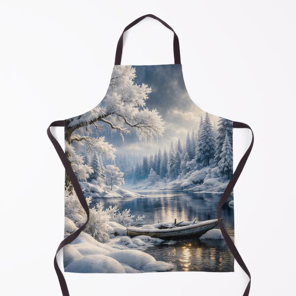 Item preview, Snowy Winter River with Wooden Boat – Peaceful Frozen Forest Landscape Art Print designed and sold by Kaleidoscope Print.
