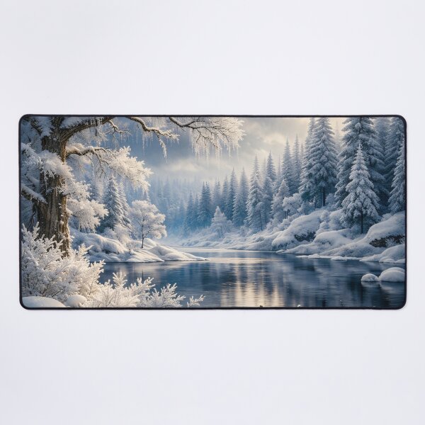 Item preview, Snowy Winter River with Wooden Boat – Peaceful Frozen Forest Landscape Art Print designed and sold by Kaleidoscope Print.