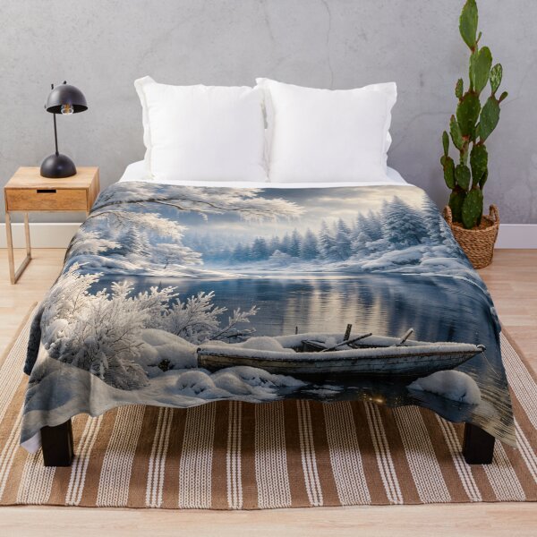 Item preview, Snowy Winter River with Wooden Boat – Peaceful Frozen Forest Landscape Art Print designed and sold by Kaleidoscope Print.