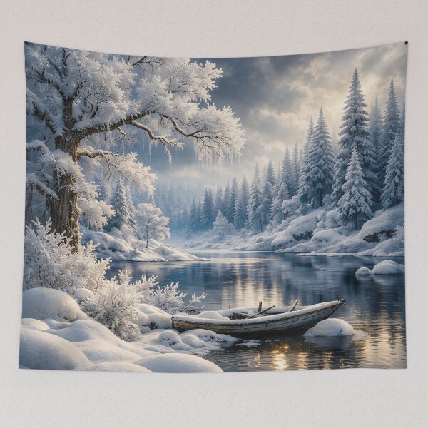 Item preview, Snowy Winter River with Wooden Boat – Peaceful Frozen Forest Landscape Art Print designed and sold by Kaleidoscope Print.