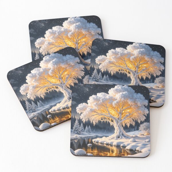 Item preview, Glowing Winter Tree by Moonlit River – Enchanted Snow Fantasy Landscape Art Print designed and sold by Kaleidoscope Print.