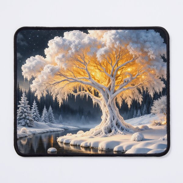 Item preview, Glowing Winter Tree by Moonlit River – Enchanted Snow Fantasy Landscape Art Print designed and sold by Kaleidoscope Print.