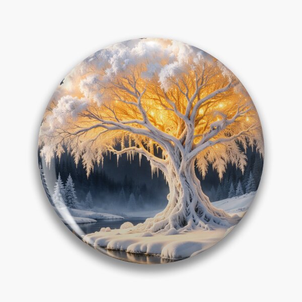 Item preview, Glowing Winter Tree by Moonlit River – Enchanted Snow Fantasy Landscape Art Print designed and sold by Kaleidoscope Print.