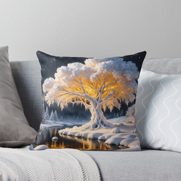 Item preview, Glowing Winter Tree by Moonlit River – Enchanted Snow Fantasy Landscape Art Print designed and sold by Kaleidoscope Print.
