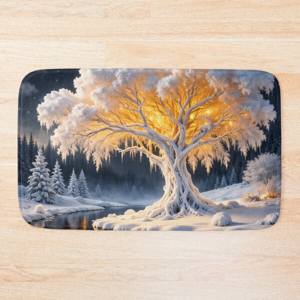 Item preview, Glowing Winter Tree by Moonlit River – Enchanted Snow Fantasy Landscape Art Print designed and sold by Kaleidoscope Print.