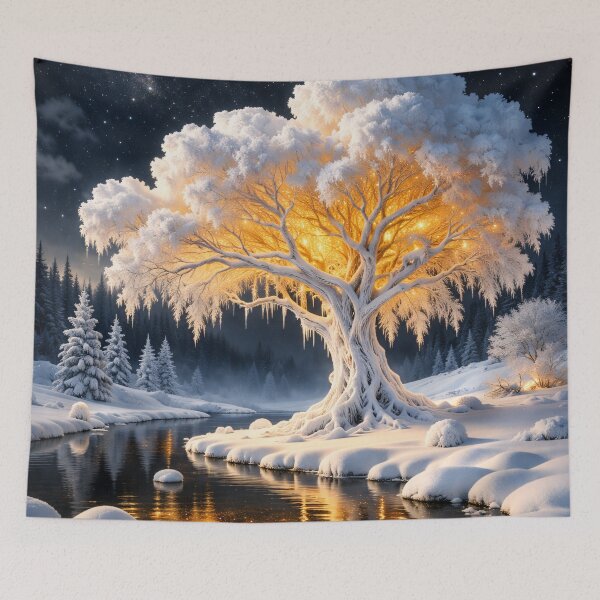 Item preview, Glowing Winter Tree by Moonlit River – Enchanted Snow Fantasy Landscape Art Print designed and sold by Kaleidoscope Print.