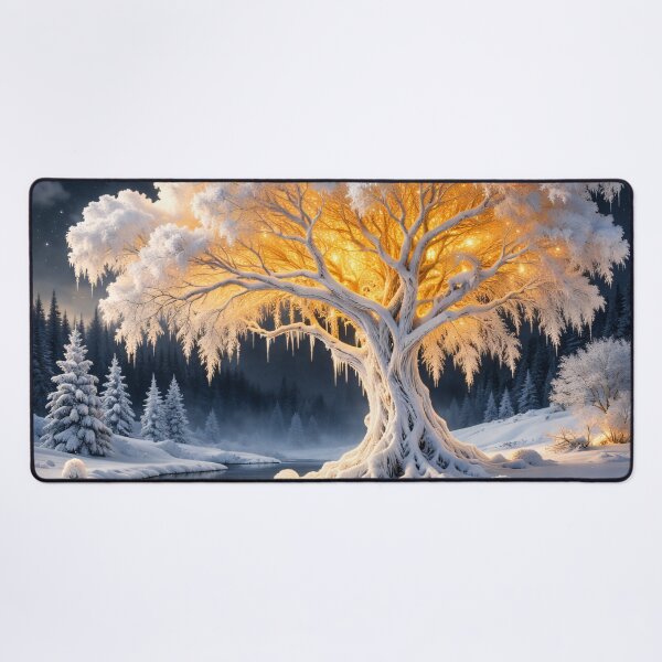 Item preview, Glowing Winter Tree by Moonlit River – Enchanted Snow Fantasy Landscape Art Print designed and sold by Kaleidoscope Print.