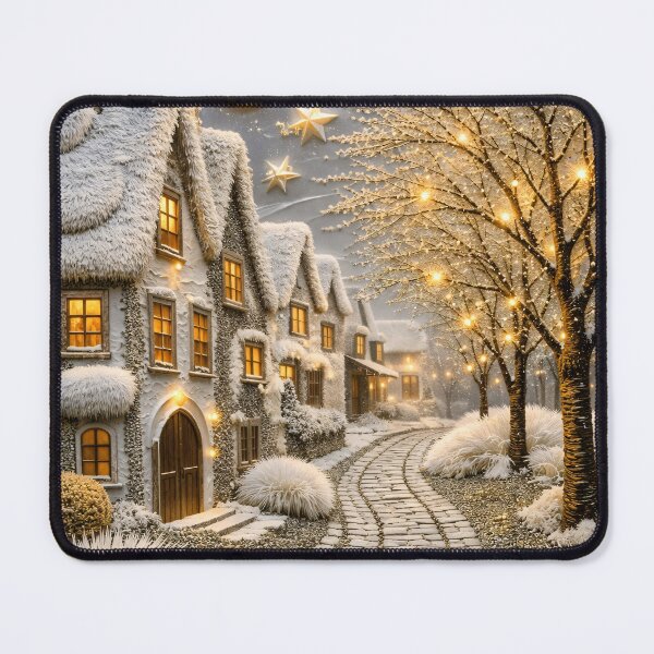 Item preview, Snowy Winter Village with Golden Moon – Cozy Enchanted Christmas Fantasy Art designed and sold by Kaleidoscope Print.