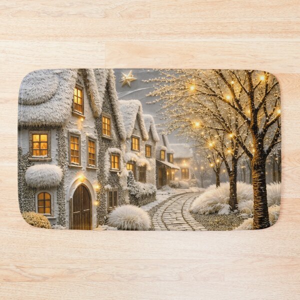 Item preview, Snowy Winter Village with Golden Moon – Cozy Enchanted Christmas Fantasy Art designed and sold by Kaleidoscope Print.