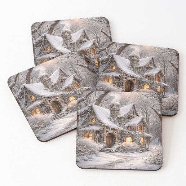 Item preview, Cozy Snowy Cottage in Winter Forest – Enchanted Fairytale House Art Print designed and sold by Kaleidoscope Print.