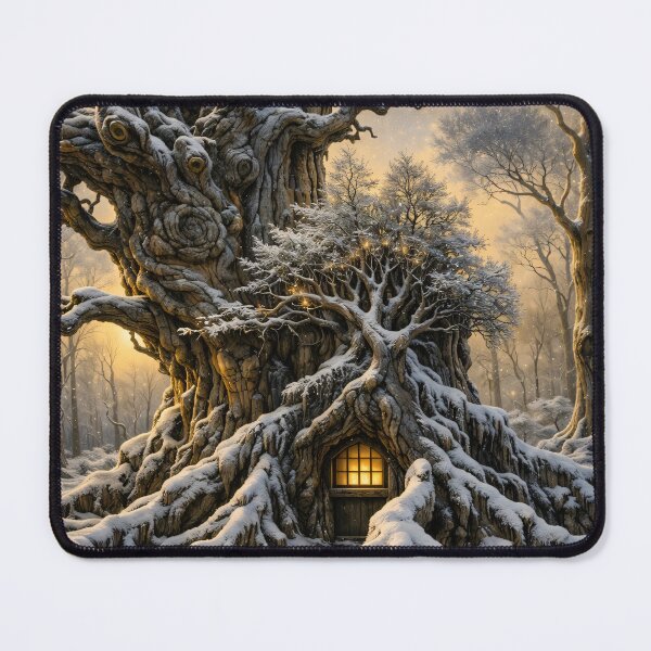 Item preview, Enchanted Ancient Tree House in Snow – Magical Winter Forest Fantasy Art Print designed and sold by Kaleidoscope Print.
