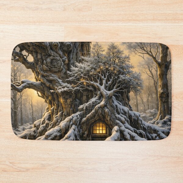 Item preview, Enchanted Ancient Tree House in Snow – Magical Winter Forest Fantasy Art Print designed and sold by Kaleidoscope Print.