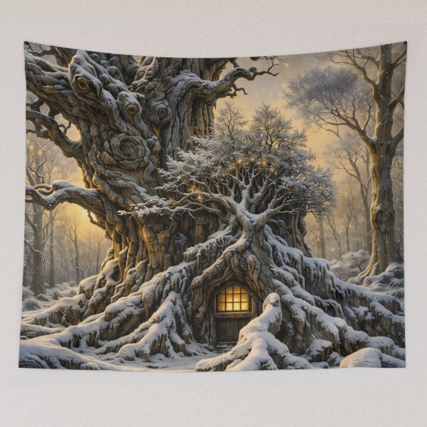 Item preview, Enchanted Ancient Tree House in Snow – Magical Winter Forest Fantasy Art Print designed and sold by Kaleidoscope Print.
