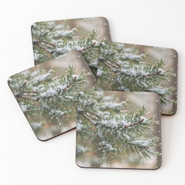 Item preview, Snowy Pine Branch in Winter Forest with Falling Snowflakes designed and sold by Emily Waters.