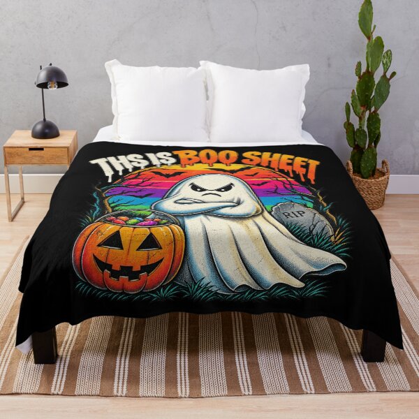 Item preview, Funny This Is Boo Sheet Grumpy Ghost Retro Sunset Halloween Design designed and sold by Morbiusshop.