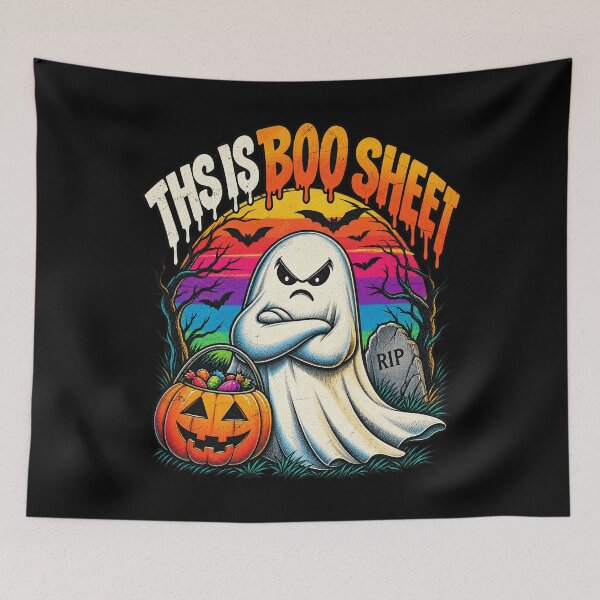Item preview, Funny This Is Boo Sheet Grumpy Ghost Retro Sunset Halloween Design designed and sold by Morbiusshop.