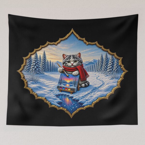 Item preview, Winter Wonderland Artist Cat - Cute Kitten Painting on Snow designed and sold by Breezes-of-Ida.
