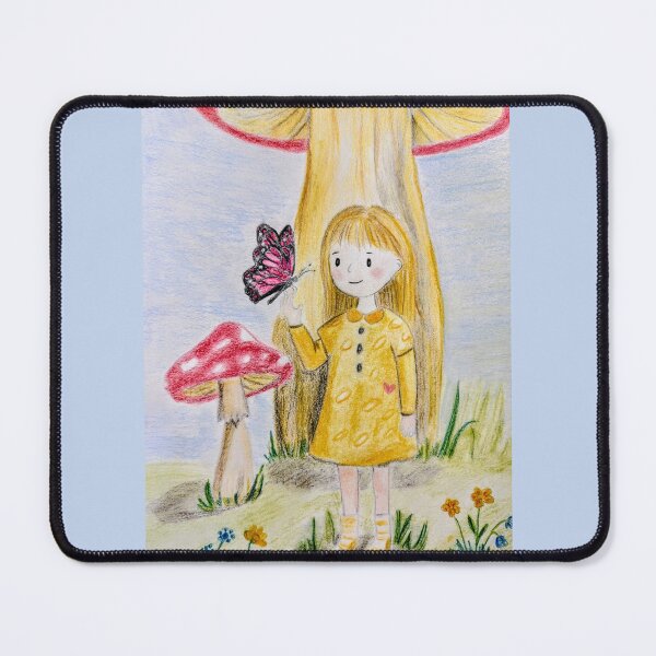Item preview, Girl with butterfly and fly agaric mushroom - Fairy-tale colored pencil drawing designed and sold by alilu-art .