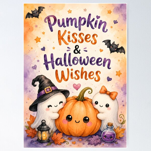Item preview, Pumpkin Kisses & Halloween Wishes – Cute Kawaii Ghosts Watercolor designed and sold by blankTeeShirt.
