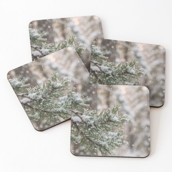 Item preview, Snowy Pine Branch in Winter Forest with Falling Snowflakes designed and sold by Emily Waters.