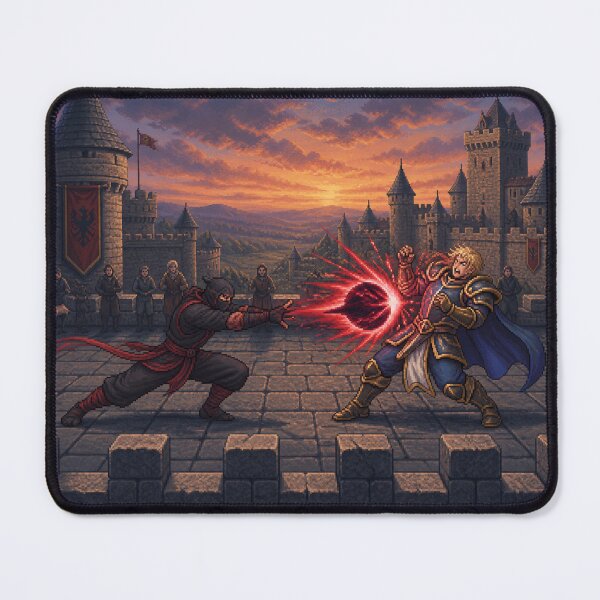 Item preview, Ninja vs Knight | Sunset Castle | Faux Retro Fighting Game Screenshot | Pixel Art designed and sold by GRAIL-PIXXAILL.