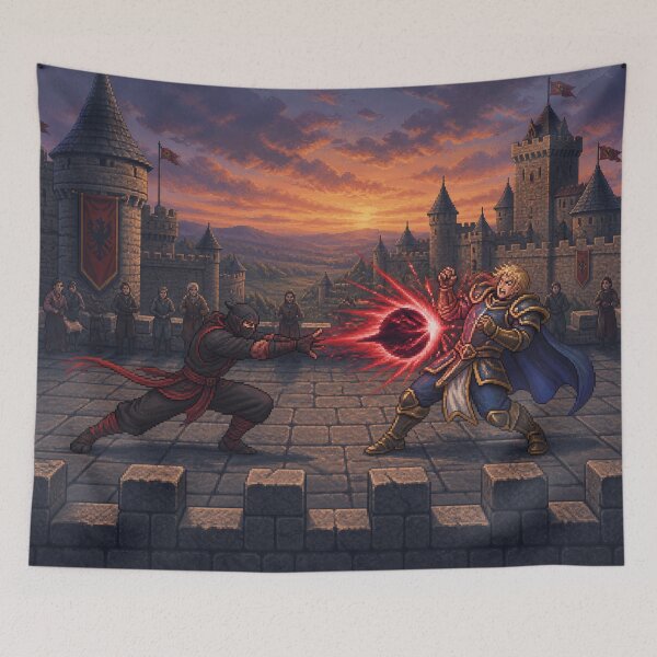 Item preview, Ninja vs Knight | Sunset Castle | Faux Retro Fighting Game Screenshot | Pixel Art designed and sold by GRAIL-PIXXAILL.