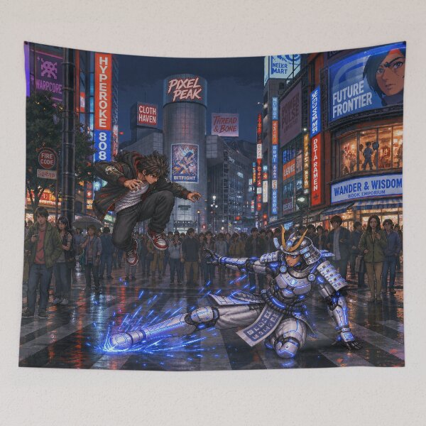 Item preview, Brawler vs Cyber Samurai | Tokyo Streets | Faux Retro Fighting Game Screenshot | Pixel Art designed and sold by GRAIL-PIXXAILL.