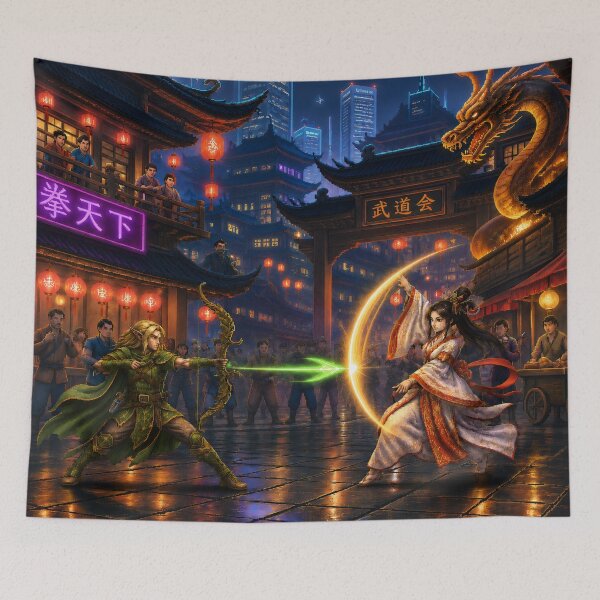 Item preview, Elven Archer vs Wuxia Priestess | Dragon Temple | Faux Retro Fighting Game Screenshot | Pixel Art designed and sold by GRAIL-PIXXAILL.