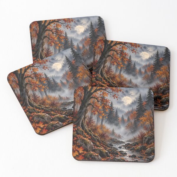 Item preview, Autumn Moonlit Forest – Misty Woodland River Landscape designed and sold by blankTeeShirt.