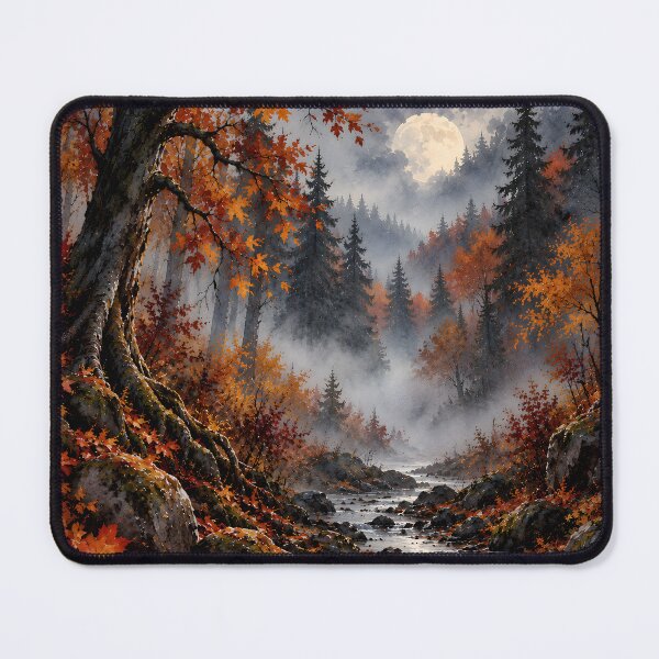 Item preview, Autumn Moonlit Forest – Misty Woodland River Landscape designed and sold by blankTeeShirt.
