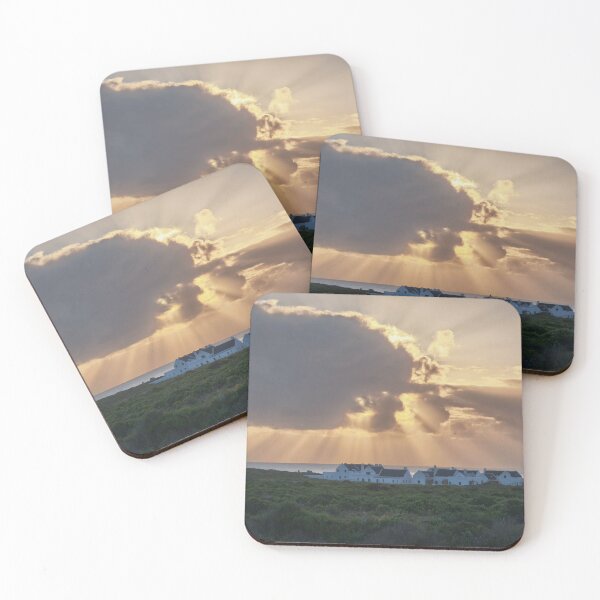 Item preview, Dramatic Sunset Rays Over Coastal Cottages designed and sold by hanlahav.