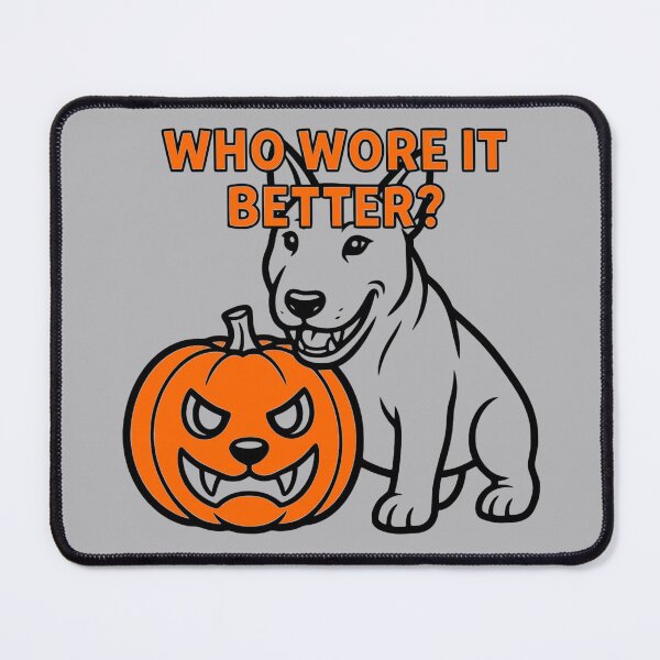 Item preview, Who Wore It Better Bull Terrier Pumpkin Orange Accent Halloween designed and sold by The Bold Line Studio.