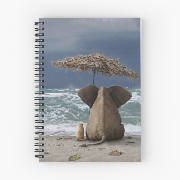 Item preview, Elephant and Dog Sitting on Beach Under Umbrella During Ocean Storm designed and sold by Mike Kiev art.
