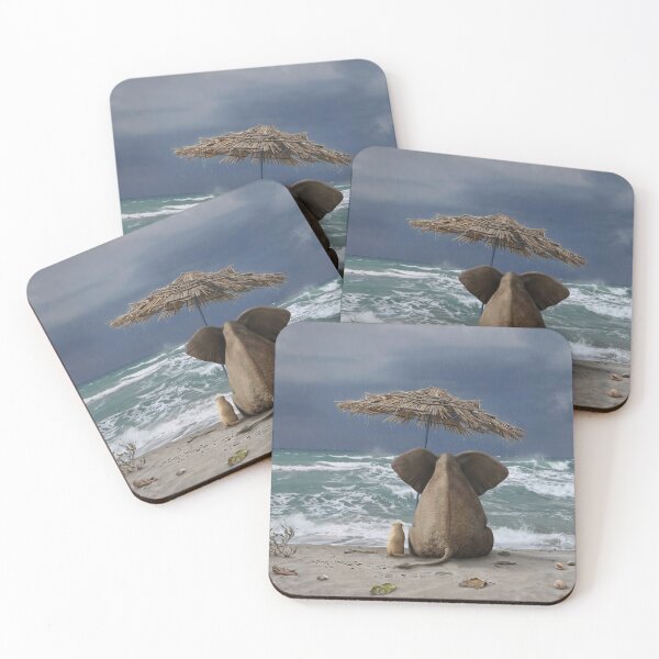 Item preview, Elephant and Dog Sitting on Beach Under Umbrella During Ocean Storm designed and sold by Mike Kiev art.