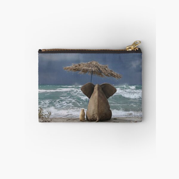 Item preview, Elephant and Dog Sitting on Beach Under Umbrella During Ocean Storm designed and sold by Mike Kiev art.