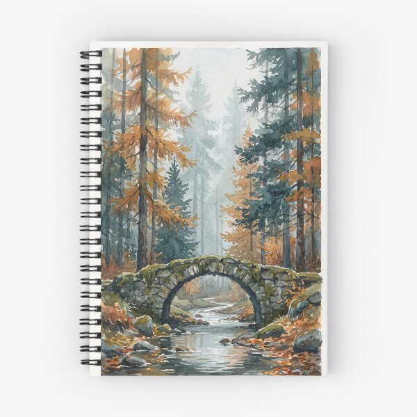 Item preview, Misty Stone Bridge in Forest - Moody Autumn Nature Watercolor Notebook designed and sold by MissoStudio.