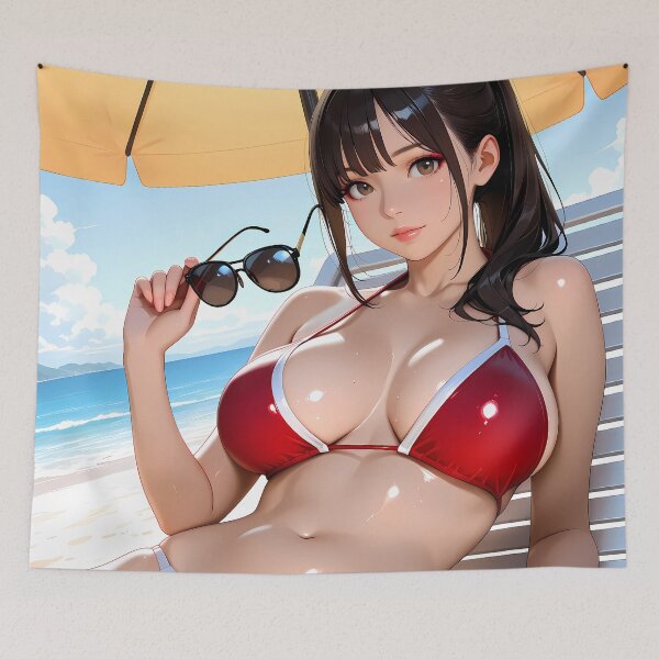 Item preview, Anime beach girl in red bikini soaking sun designed and sold by BorgSpareParts.