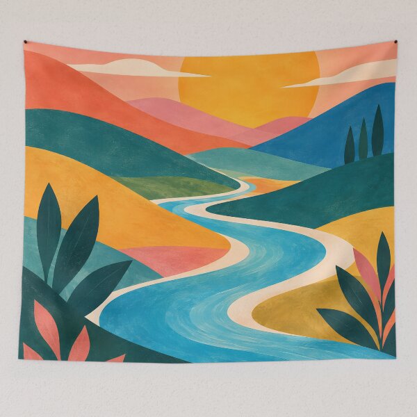 Item preview, Bright Geometric Sunrise Over a Winding River designed and sold by Jaani-T.