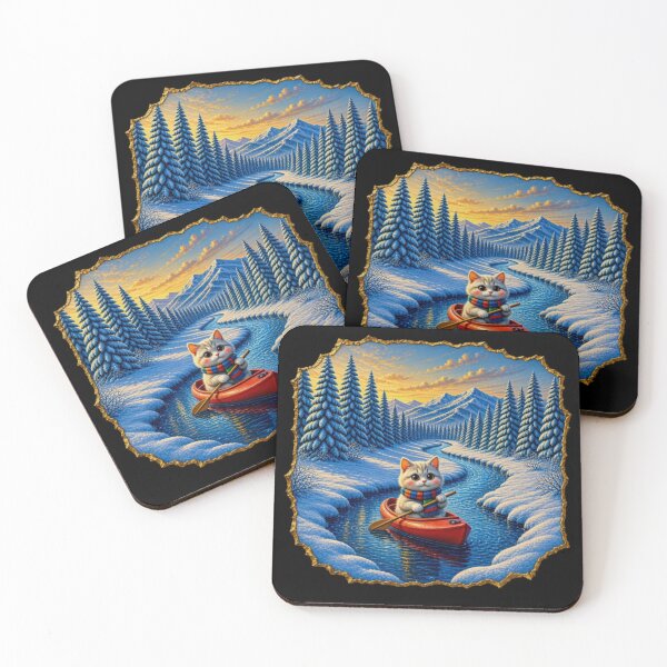 Item preview, Winter Canoe Adventure Cat - Cute Kitten Rowing on River designed and sold by Breezes-of-Ida.