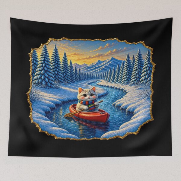 Item preview, Winter Canoe Adventure Cat - Cute Kitten Rowing on River designed and sold by Breezes-of-Ida.